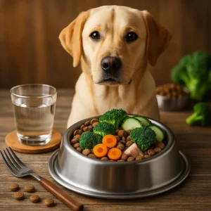 A Labrador Retriever with a golden coat sits at a rustic wooden table, gazing attentively at the camera. On the table is a metal bowl filled with balanced dog food, including kibble, fresh vegetables like broccoli and carrots, and a glass of water, all arranged neatly