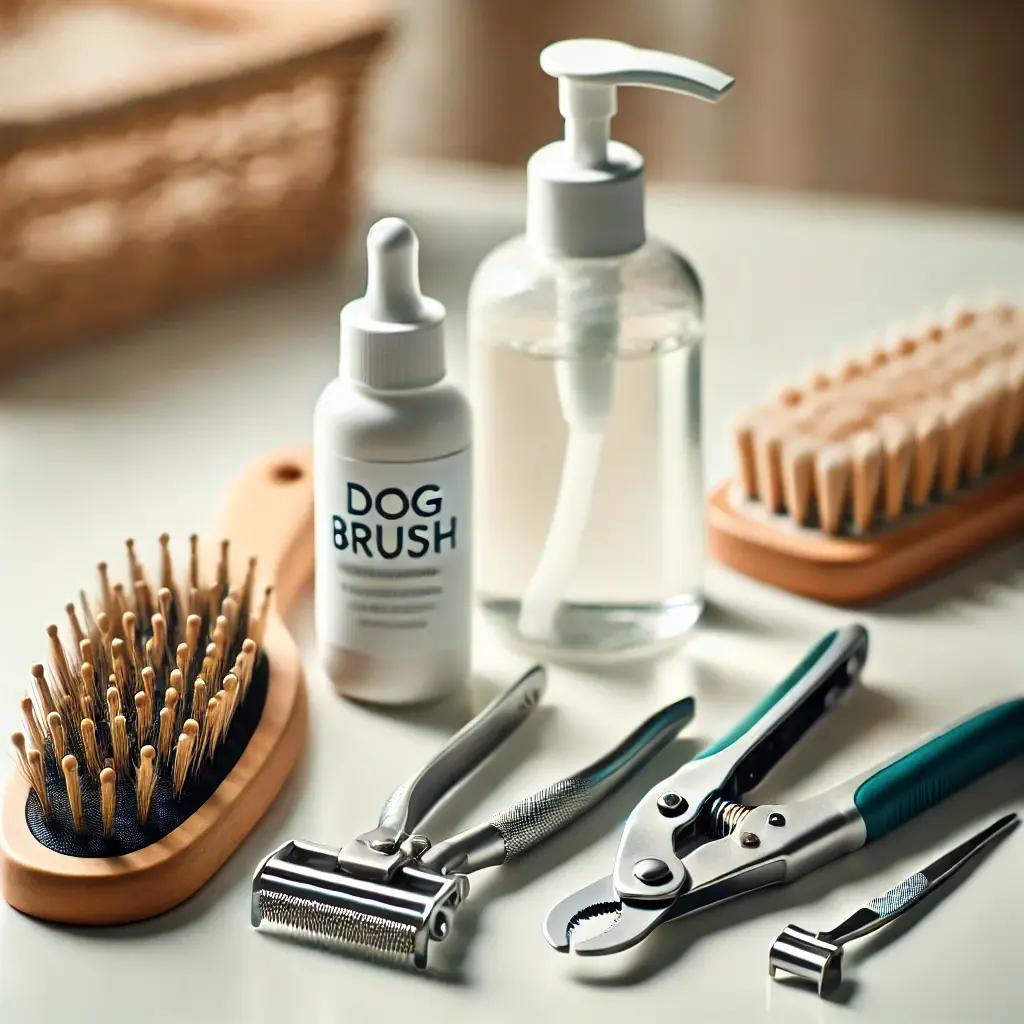 Dog grooming tools including brush, shampoo, nail clippers, and comb on a table