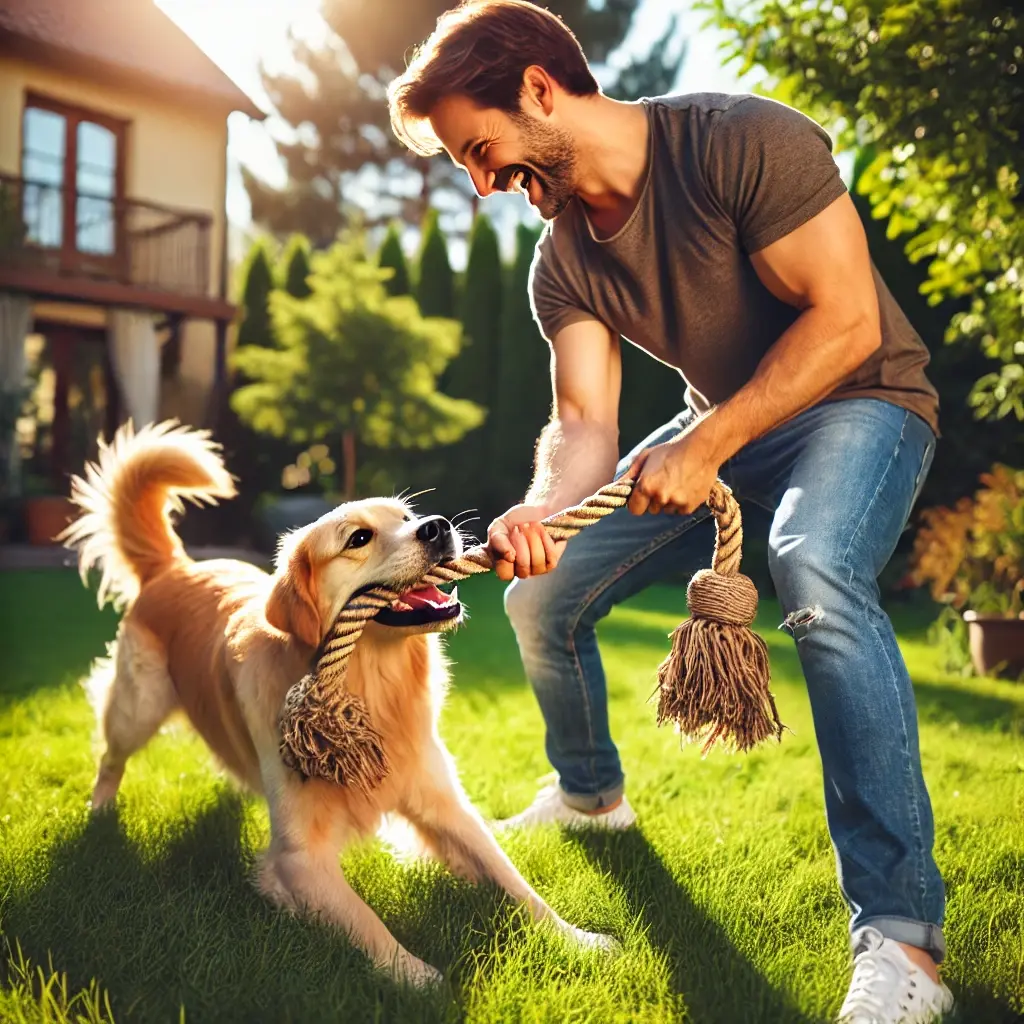 Man playing tug-of-war with a happy golden retriever dog in the backyard