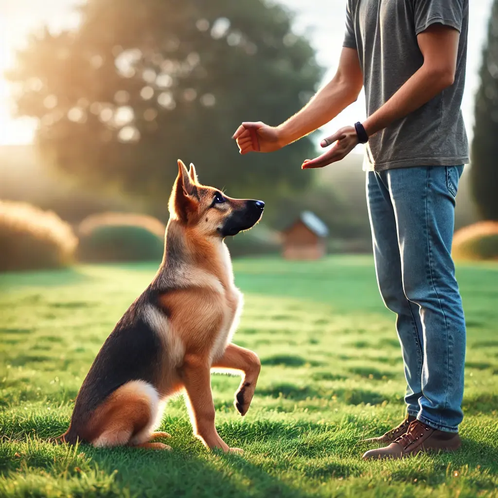 A well-trained dog, possibly a German Shepherd or Golden Retriever, attentively following a 'sit' or 'stay' command during a training session in a park. The dog is sitting on the grassy field, looking up at its trainer, who is giving a hand signal or offering a treat as positive reinforcement. The background includes trees, open space, and natural light, showcasing a calm and focused training environment.