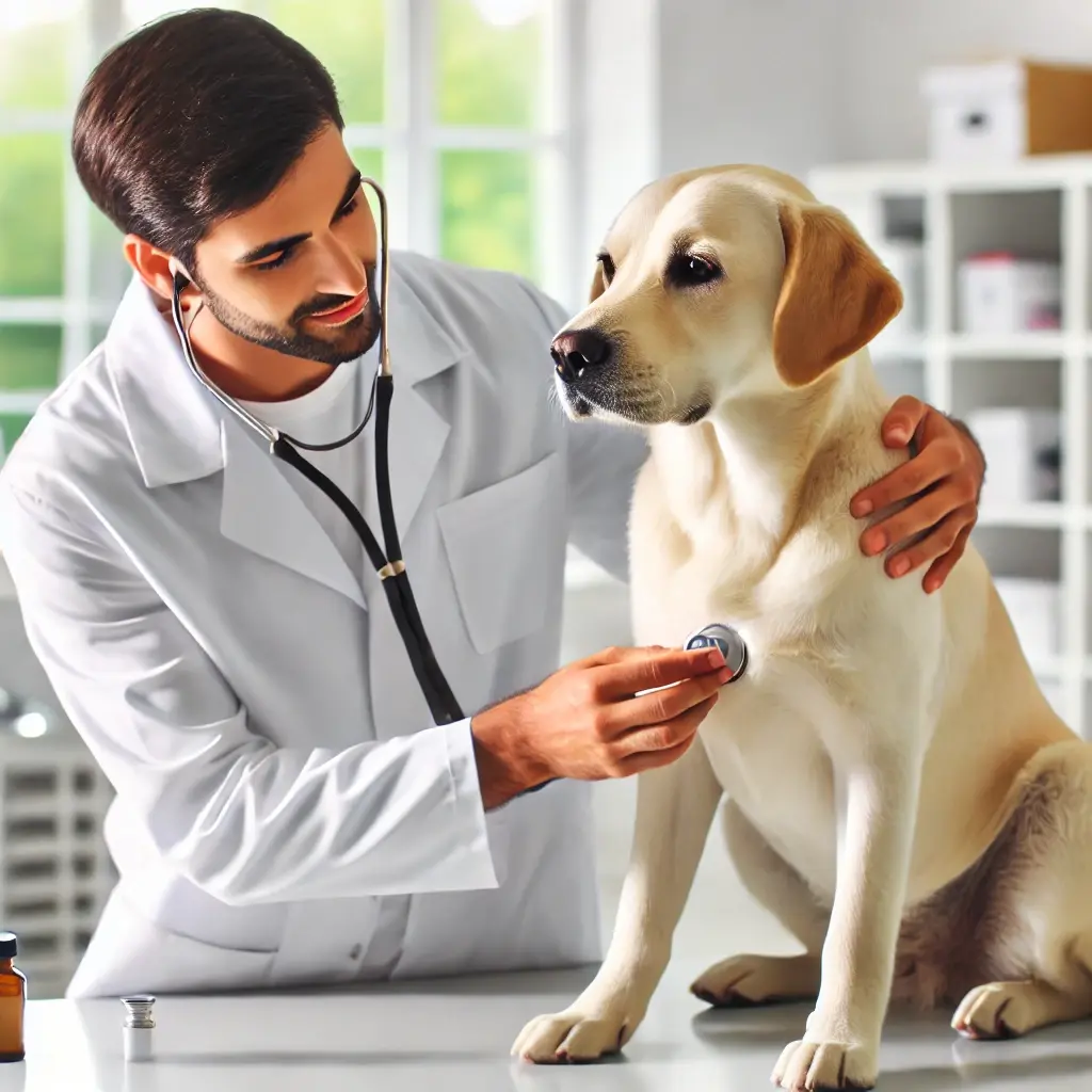 Veterinarian examining a Labrador dog with a stethoscope during a health check-up