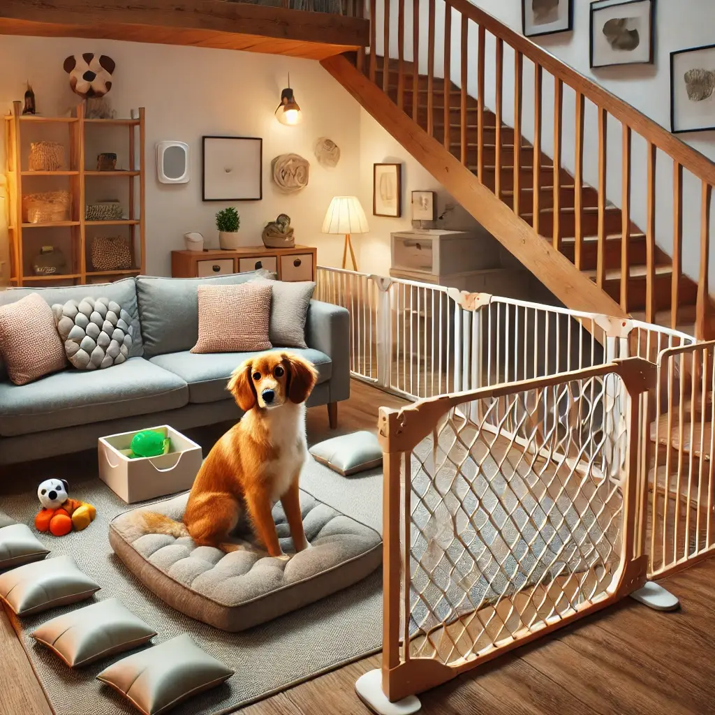 Dog sitting in a cozy living room with pet safety gate and toys for home care