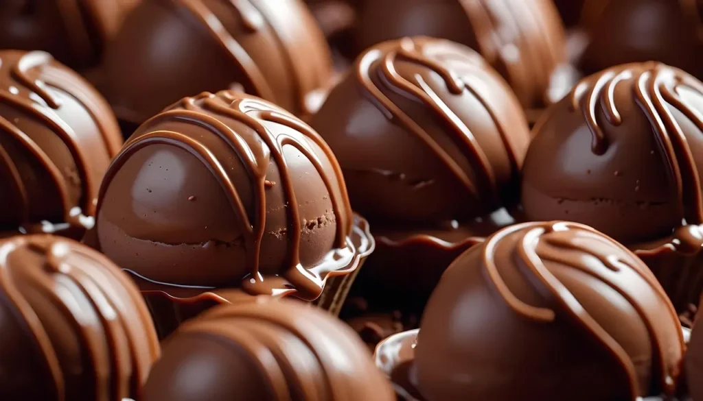 Close-up view of chocolate truffles drizzled with melted chocolate. This image highlights chocolate as a toxic food for dogs, emphasizing the importance of keeping chocolate away from pets to prevent poisoning and health risks.