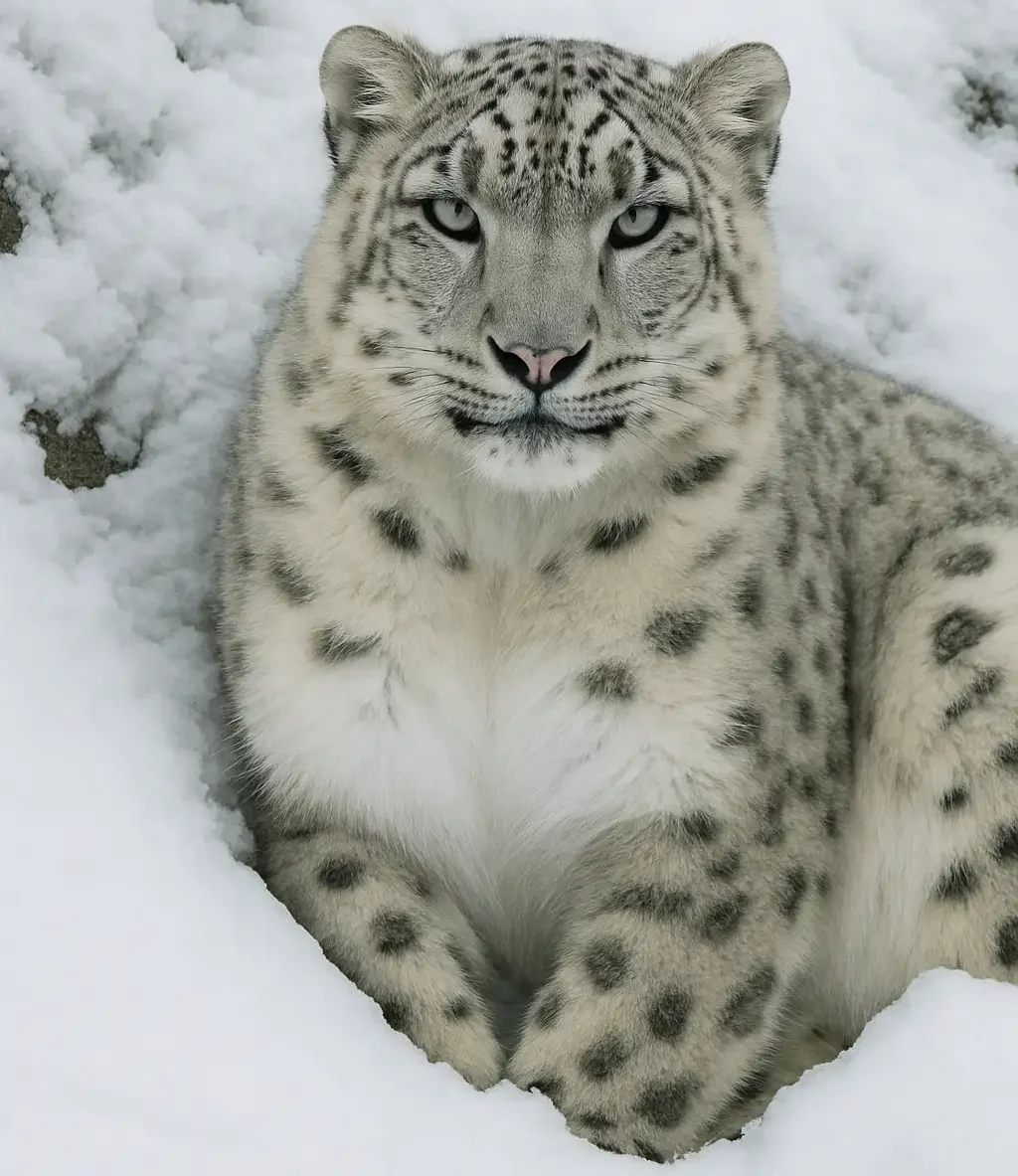 Snow Leopard Camouflaged in the Snow A snow leopard blending into a snowy, rocky Himalayan landscape with intense gaze and thick spotted fur.