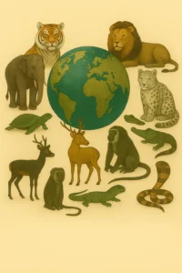 global wildlife with a globe in the center surrounded by animals like tiger, lion, elephant, deer, monkey, and more, symbolizing wildlife conservation