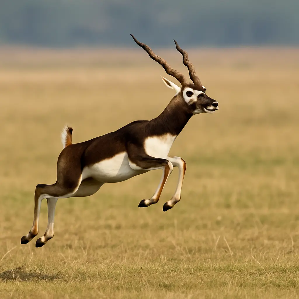 A blackbuck captured mid-air while jumping over dry grasslands, showcasing its dark brown and white coat with long spiral horns in a square format image.