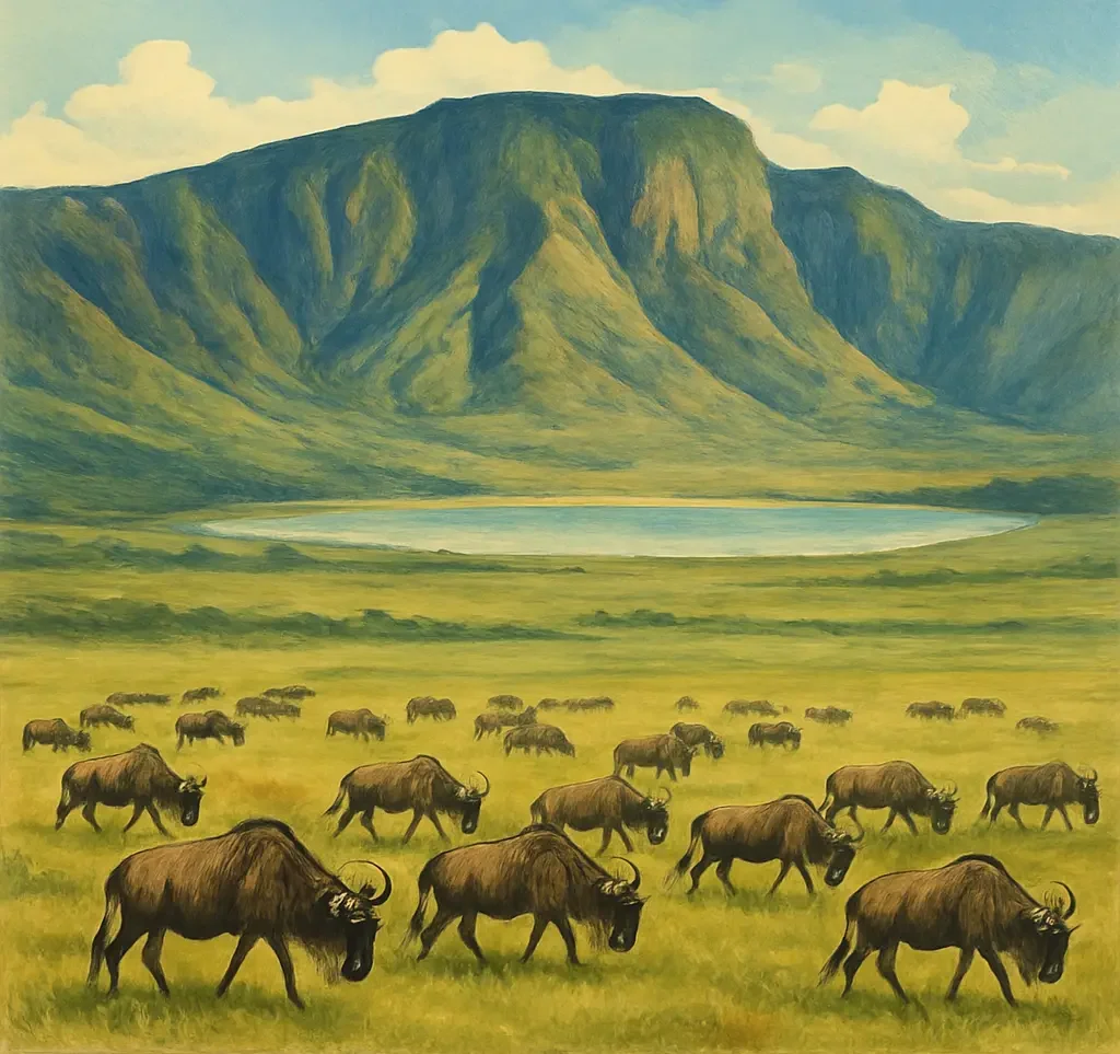 A herd of wildebeests grazing in the vast green plains of Ngorongoro Crater, with a lake and tall crater walls in the background under a partly cloudy sky.