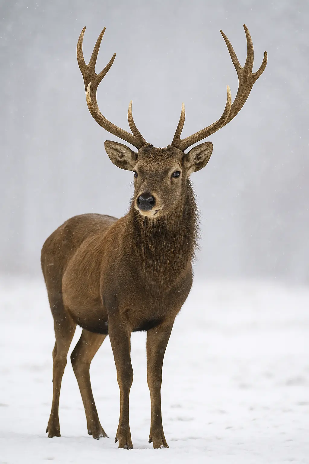 Hangul with Majestic Antlers in Snowy Kashmir Kashmir Stag – One of the Top 10 Endangered Animals of India standing in snow