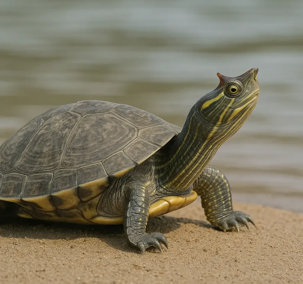 Indian Roofed Turtle on a Riverbank Indian Roofed Turtle resting on a sandy riverbank with a calm river in the background