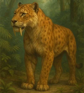 A realistic drone-style view of a saber-toothed cat walking through a prehistoric jungle