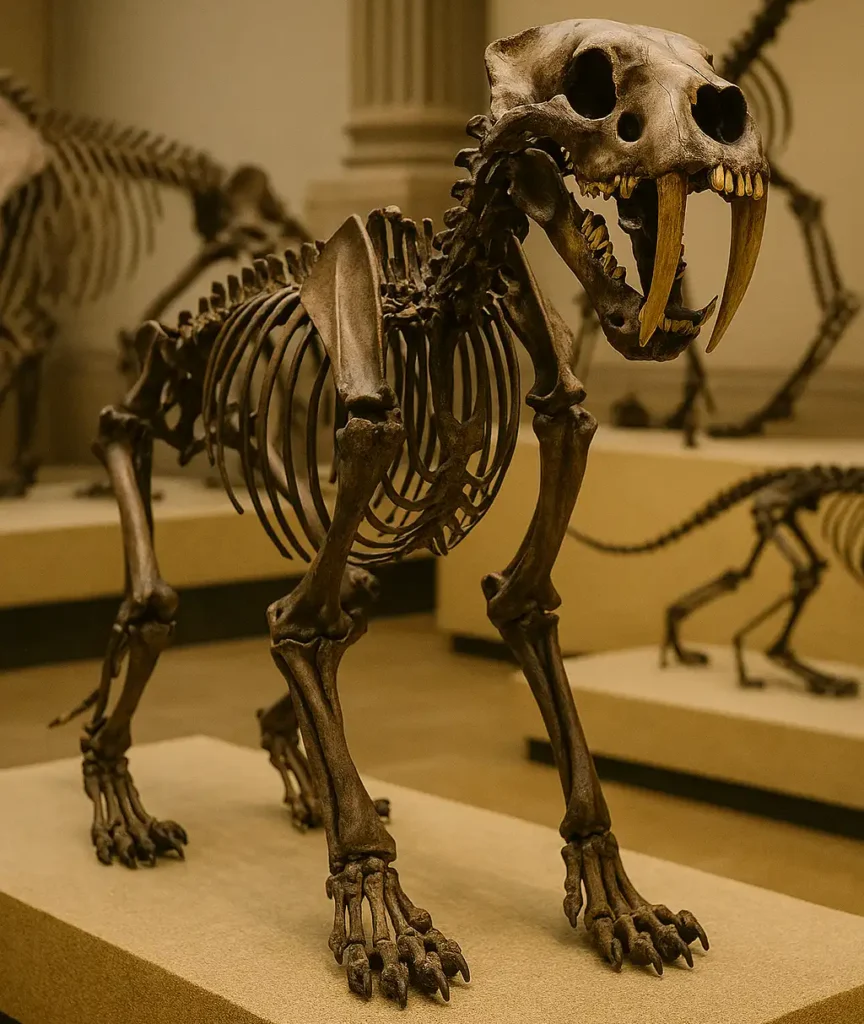 Fossils of Smilodon in a museum (Alt text: Smilodon fossil skeleton on display)