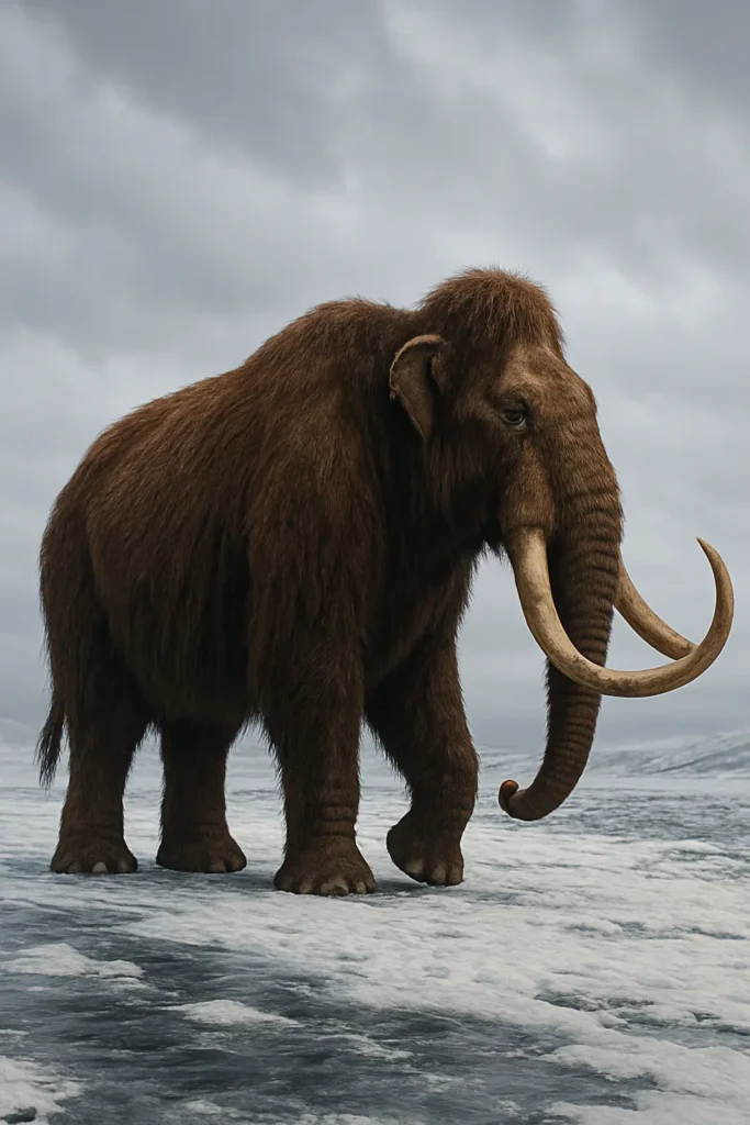 Woolly mammoth in the snowy landscape showing long tusks, shaggy coat, and fat hump for energy storage