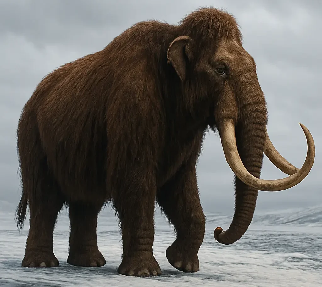 Woolly mammoth in the snowy landscape showing long tusks, shaggy coat, and fat hump for energy storage
