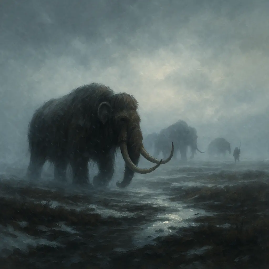 Woolly mammoths disappearing into fog, symbolizing their extinction due to climate and human hunting
