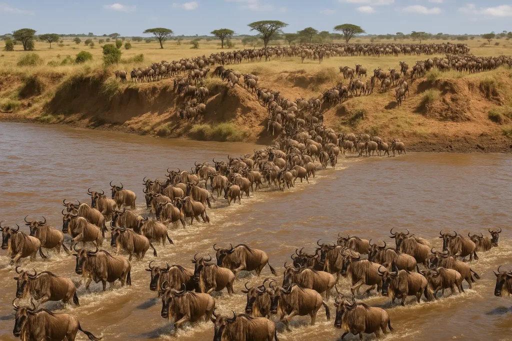 Top 10 African Safari Destinations. A wide-angle shot of wildebeest migrating across the Mara River in Kenya, showcasing the dramatic river crossing during the Great Migration.