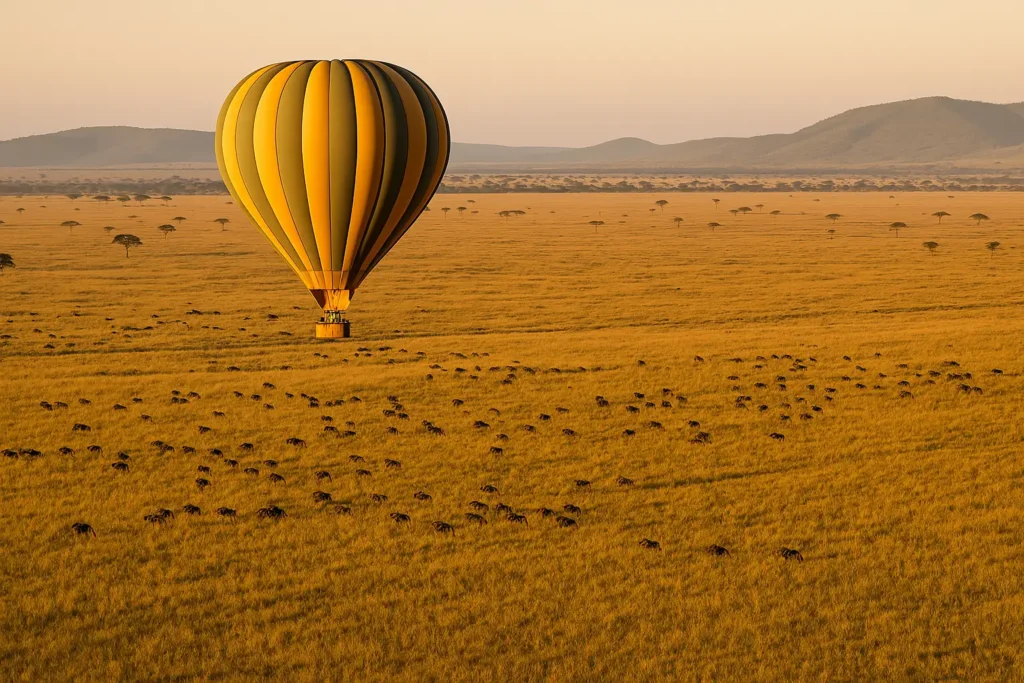 A hot air balloon floating above the golden plains of Serengeti at sunrise, with herds of wildebeest and zebras roaming below.