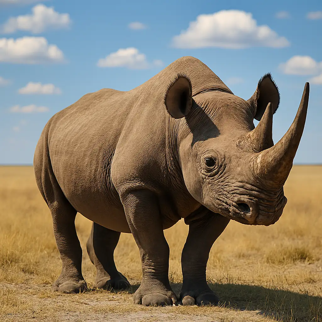 A black rhinoceros standing in the open savanna of Etosha National Park, Namibia, under a clear sky