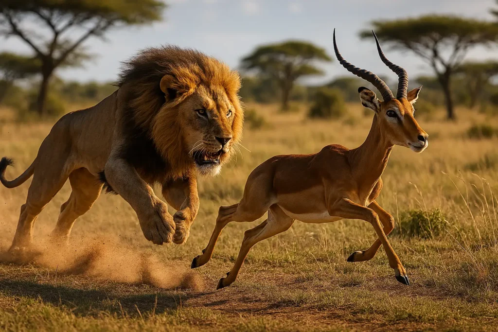 A fierce lion chasing a running impala on the grassy plains of Hwange National Park, Zimbabwe during a thrilling hunt