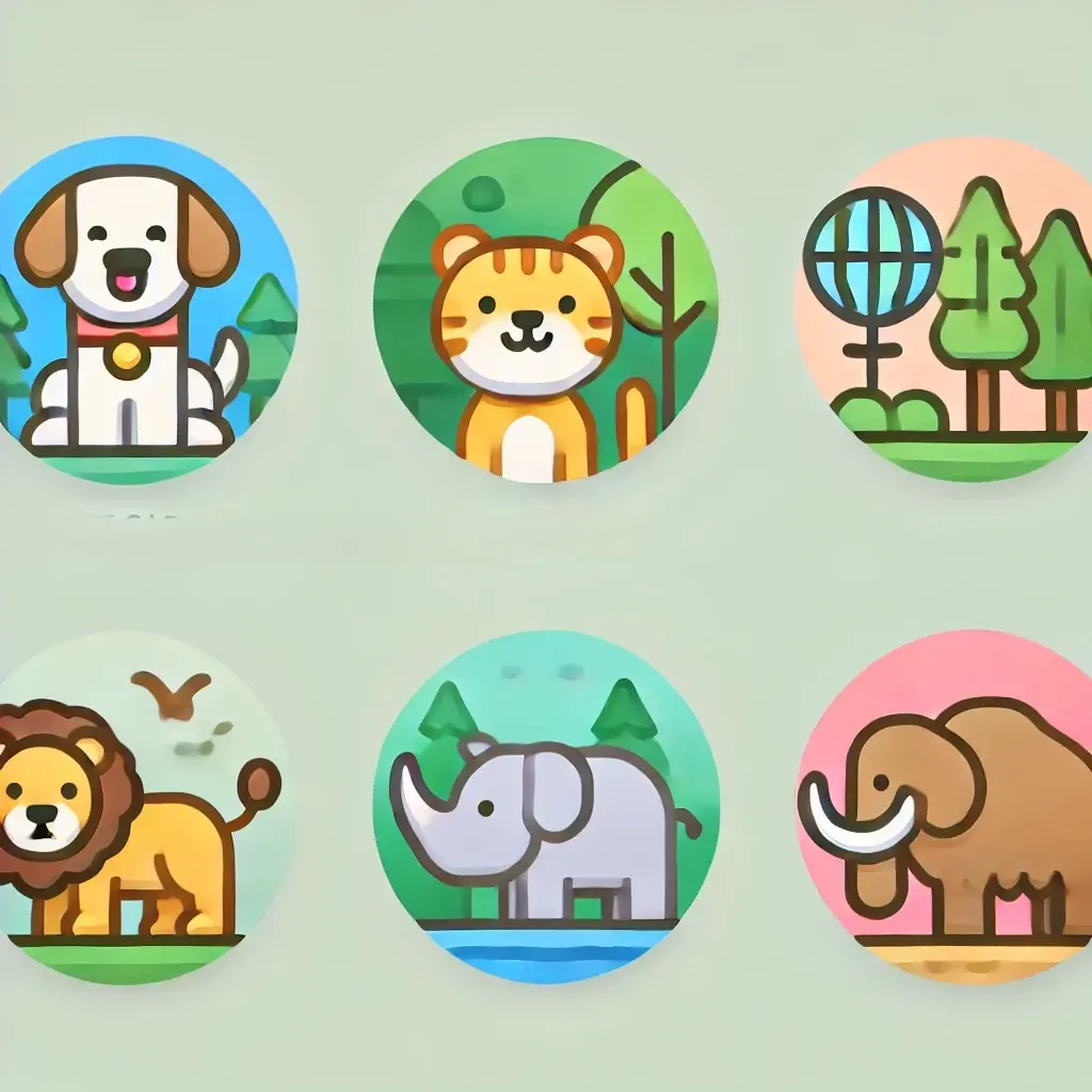 Pet Care Icon showing a happy dog and cat. Wildlife icon depicting a tiger in a forest background. Endangered Species icon with a globe and conservation symbols. Ancient Animals icon featuring a woolly mammoth.