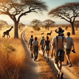 A group of tourists walking with a safari guide through the savannah in South Luangwa National Park, Zambia, during golden sunset