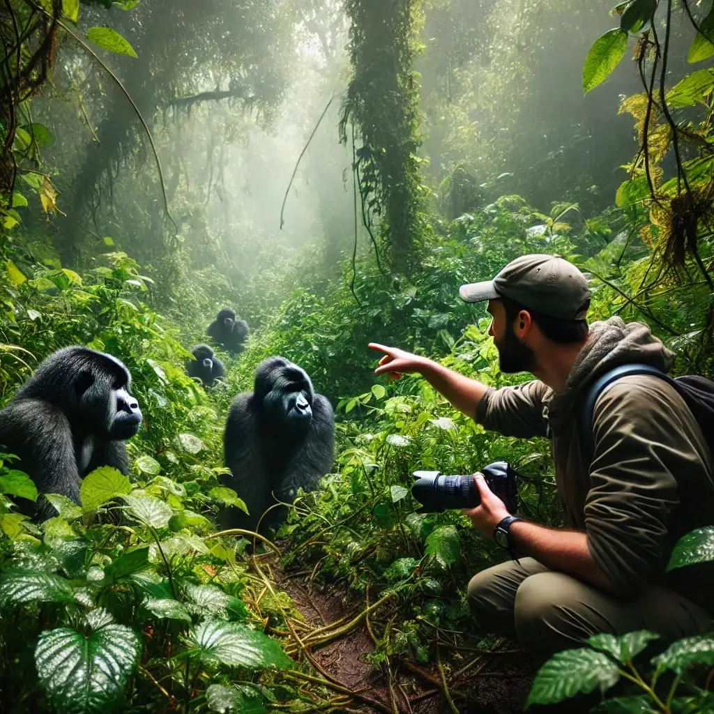 A wildlife guide pointing at a gorilla family hidden in thick rainforest bushes in Bwindi Impenetrable Forest, Uganda, while tourists observe silently nearby