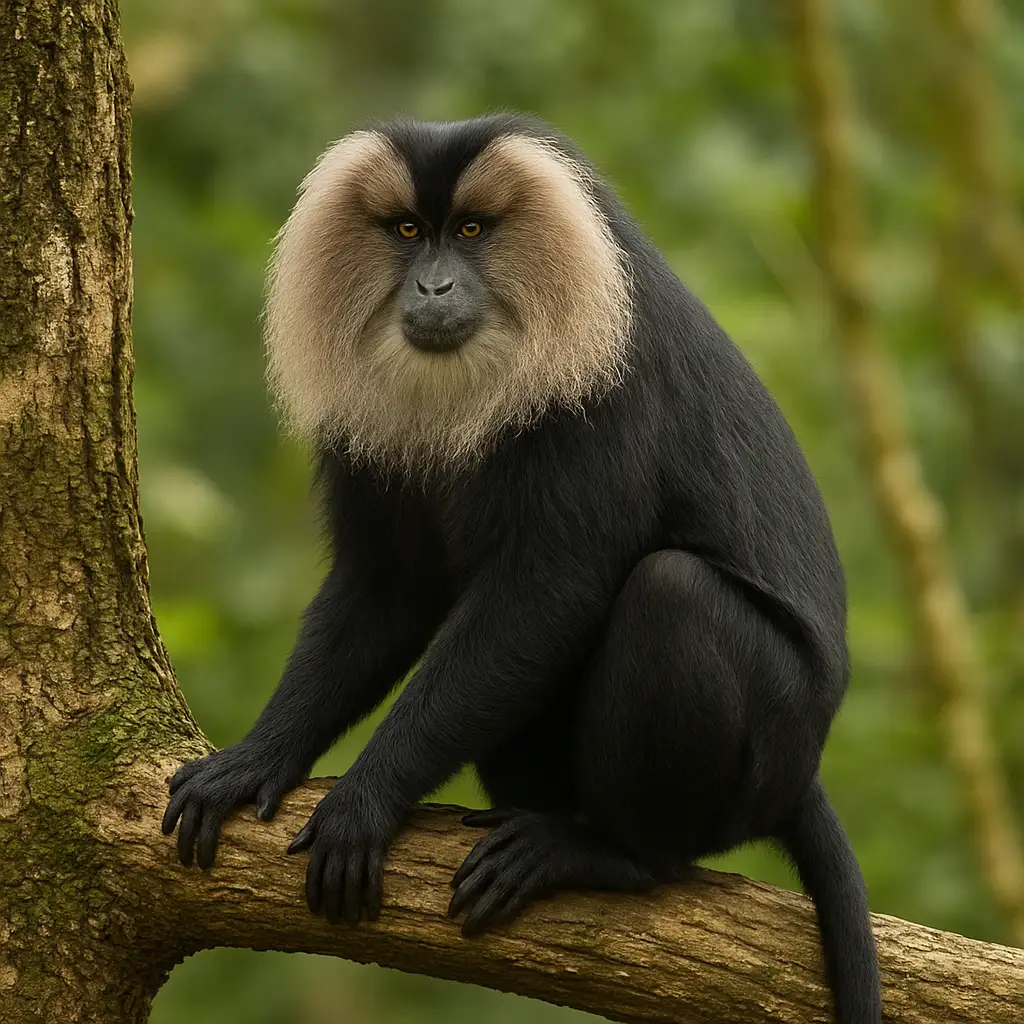 A lion-tailed macaque sitting on a tree branch in a lush green forest, staring alertly.
