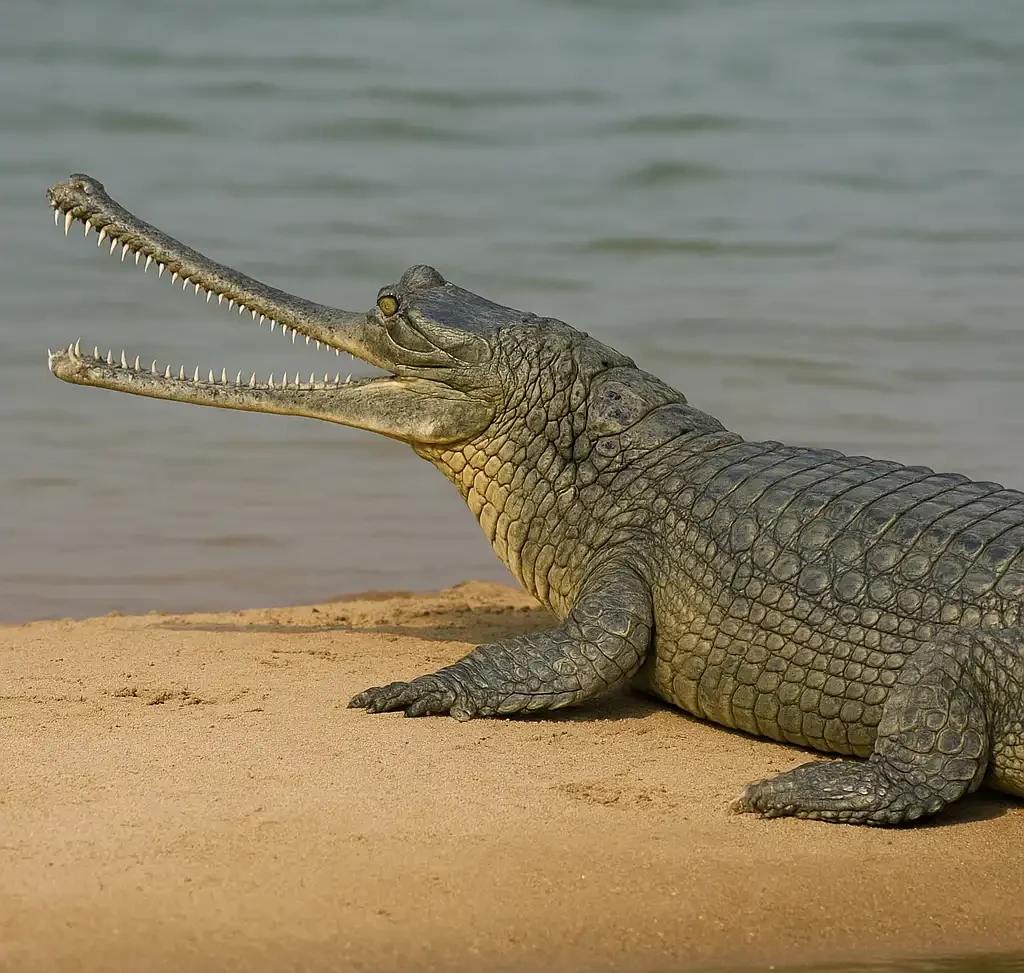 Gharial Resting on a River Shore A gharial lying on a sandy riverbank with its long, narrow snout open, showcasing sharp teeth, and calm water in the background.