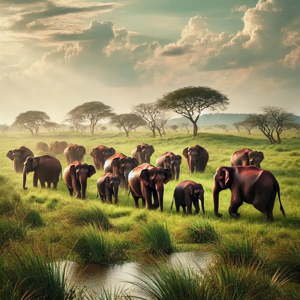 A large group of Indian elephants, including calves, walking through lush green grasslands near a water stream under a dramatic sky with scattered acacia trees.