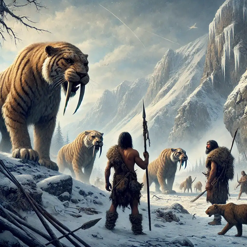 Ice Age hunters in animal-hide clothing face off against saber-toothed cats in a snowy prehistoric landscape, with mountains in the background and a tense atmosphere.