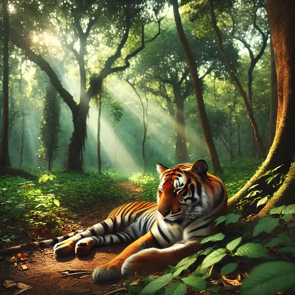 A majestic Bengal tiger lying peacefully on the forest floor under sunlight streaming through tall trees in a lush green jungle.